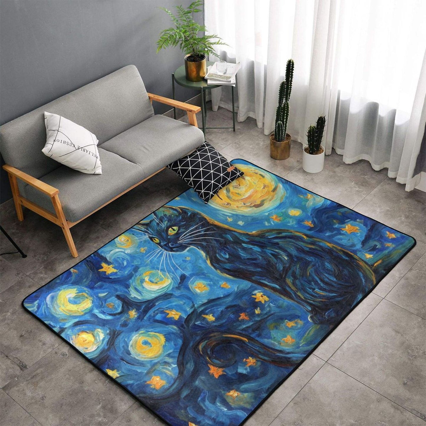 Starry Night Black Cat Flannel Rug | 59x39in Soft Non-Slip Decorative Carpet for Home