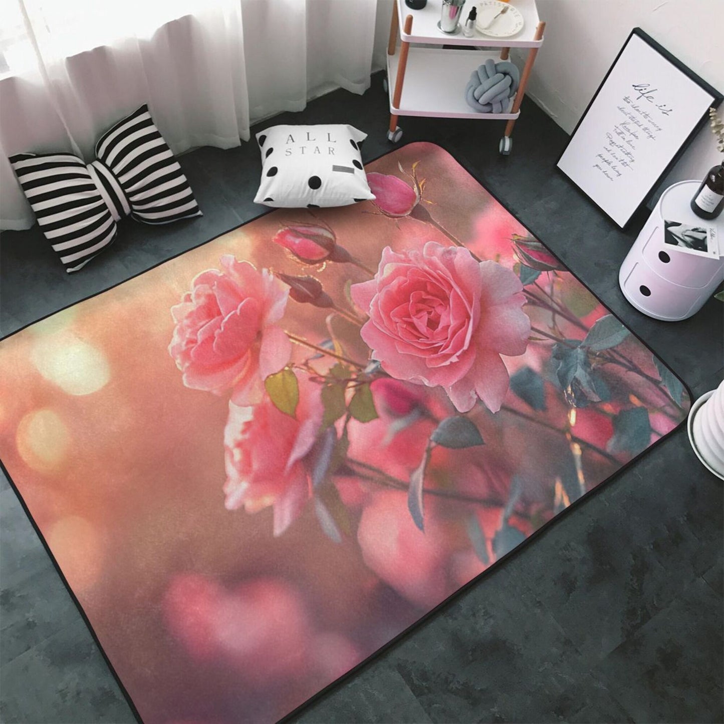 Romantic Rose Garden Flannel Area Rug | 59x39in Soft Non-Slip Decorative Mat for Home