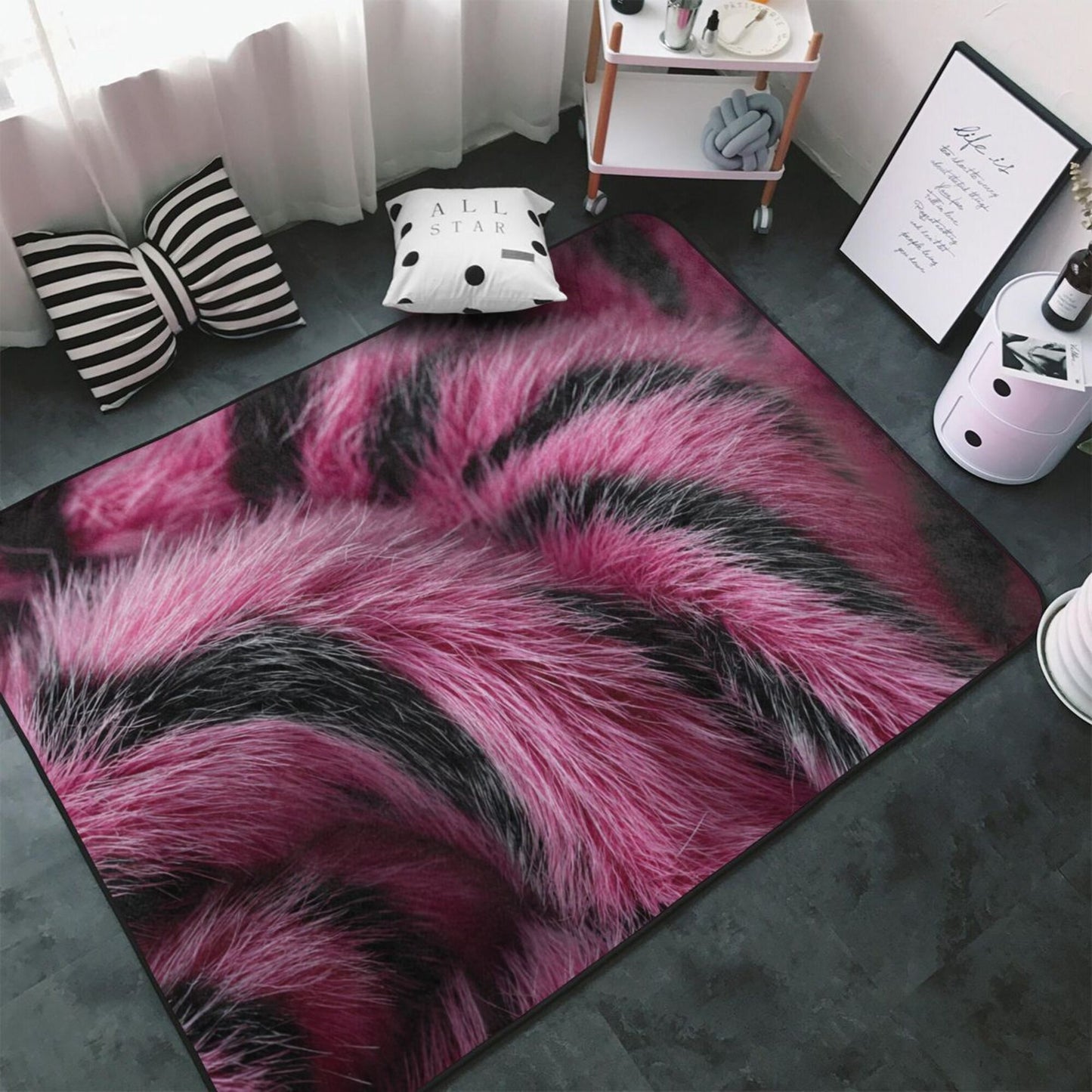 Trendy Tiger Stripes Flannel Rug | 59x39in Pink & Black Non-Slip Soft Floor Mat for Home Decor