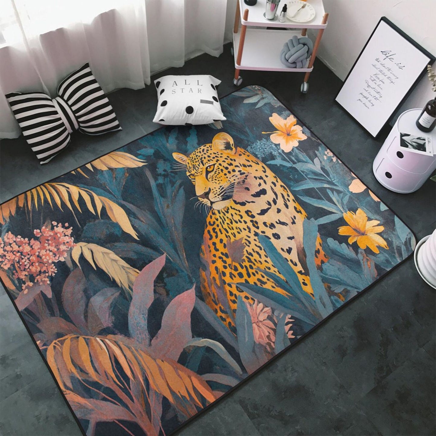Tropical Leopard Flannel Rug | 59x39in Animal Jungle Non-Slip Mat for Living Room, Bedroom & Hallway