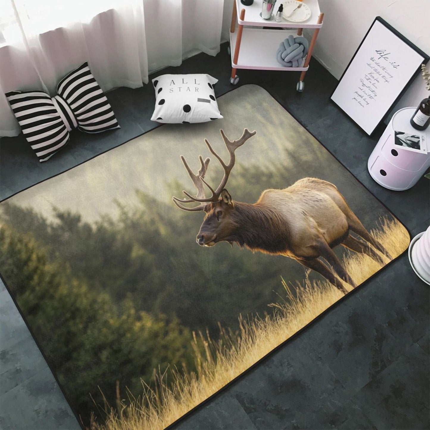 Elk in the Forest Rug | 59x39in Non-Slip Flannel Carpet for Bedroom, Living Room & Nature Decor