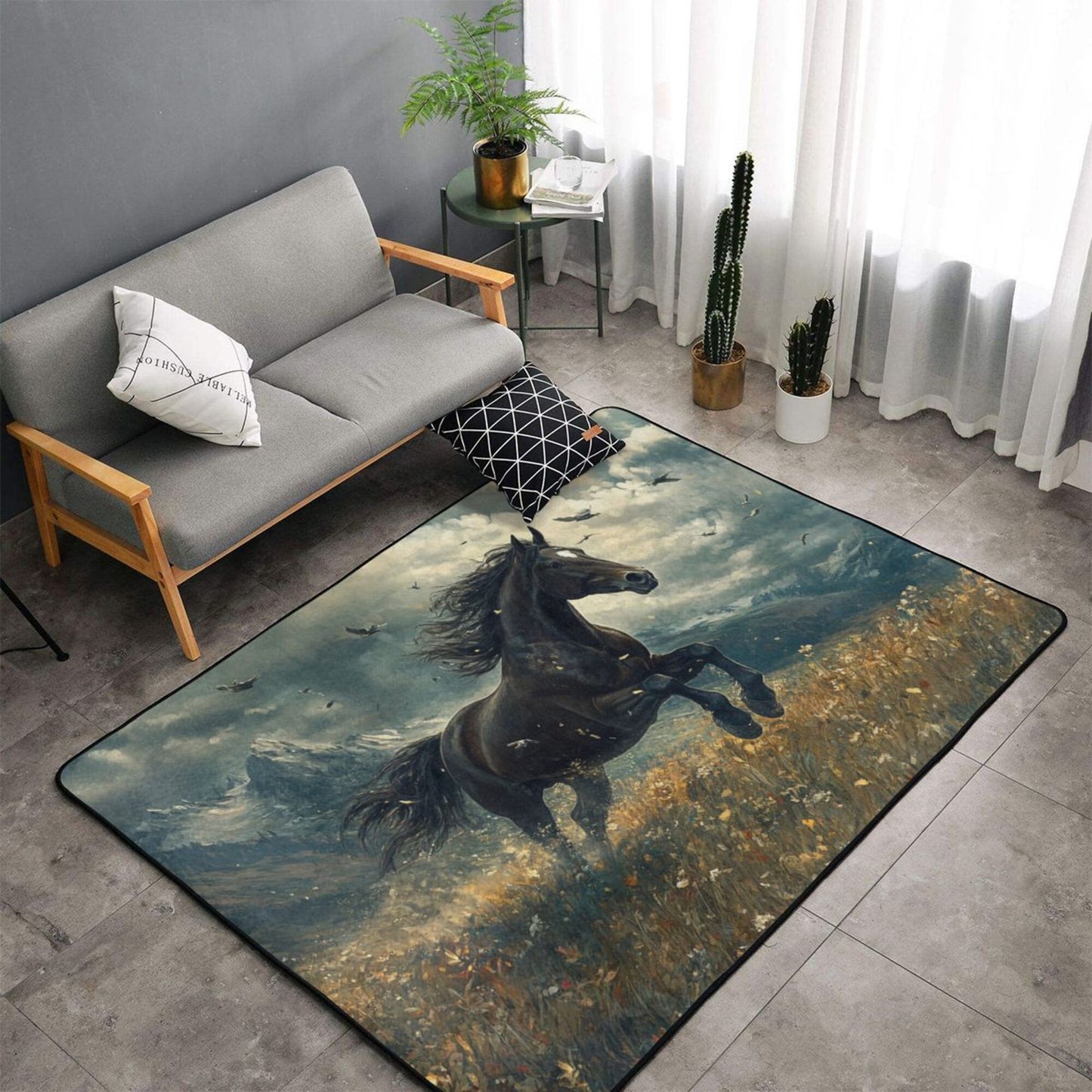 Galloping Black Horse Rug | 59x39in Artistic Flannel Non-Slip Carpet for Living Room, Office, Boys’ Room Decor