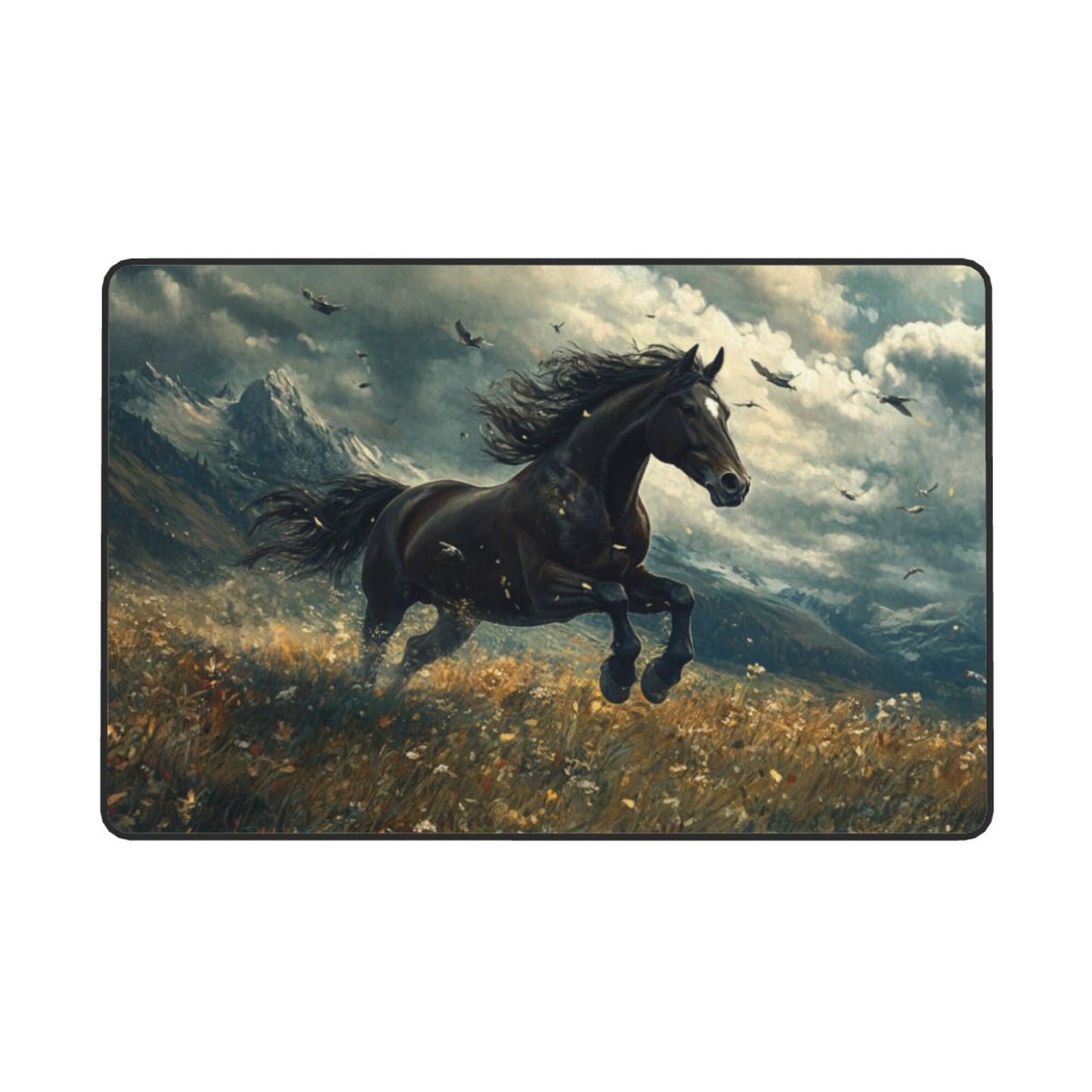 Galloping Black Horse Rug | 59x39in Artistic Flannel Non-Slip Carpet for Living Room, Office, Boys’ Room Decor