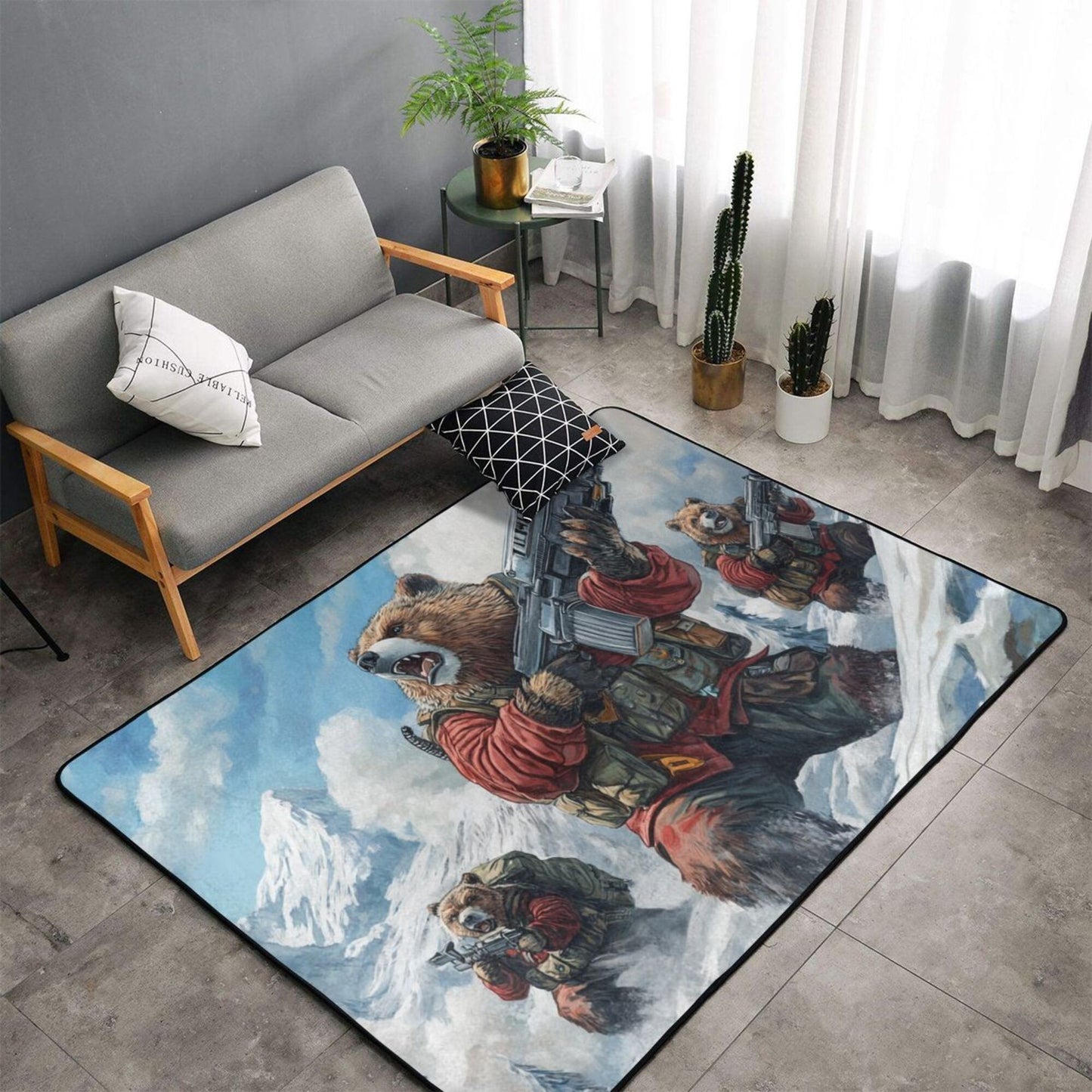 Battle Bear Troop Rug | 59x39in Flannel Non-Slip Carpet with Tactical Polar Bear Design for Gaming Rooms & Themed Decor