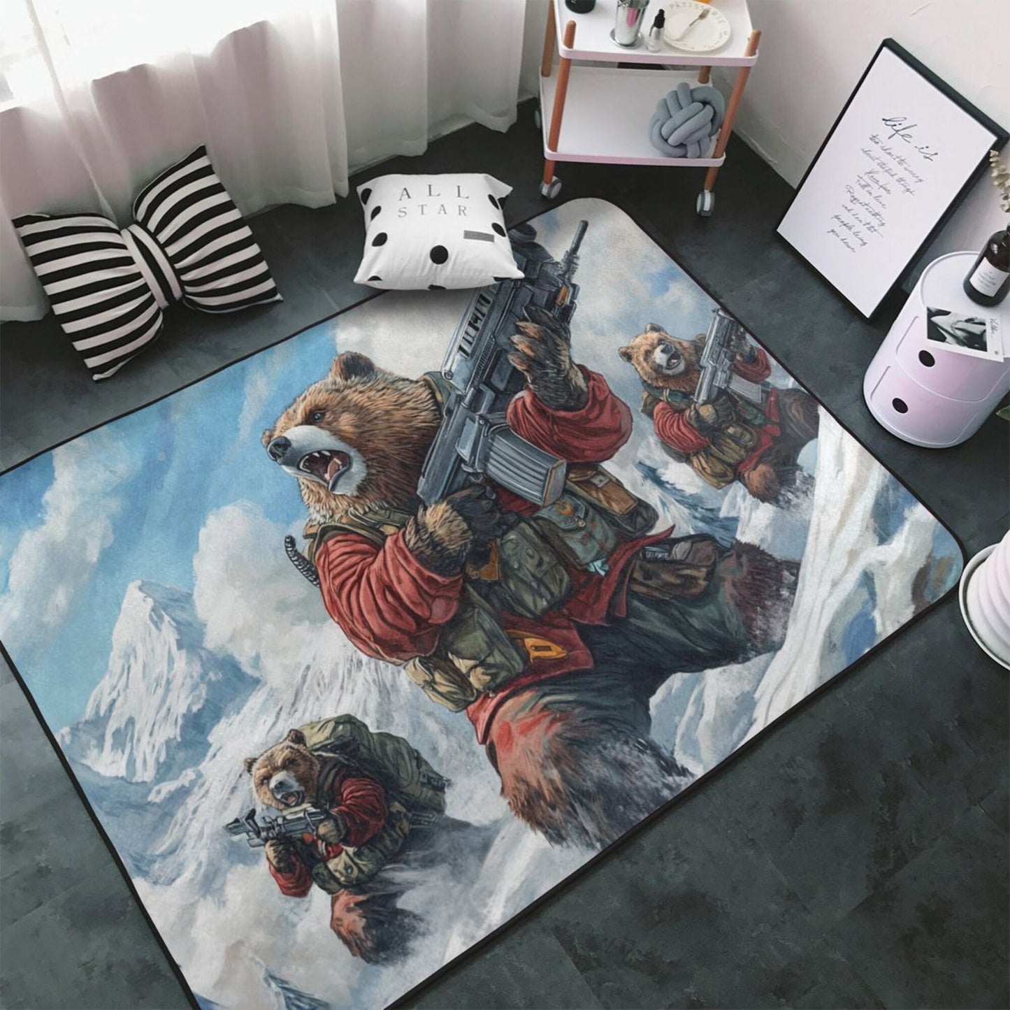 Battle Bear Troop Rug | 59x39in Flannel Non-Slip Carpet with Tactical Polar Bear Design for Gaming Rooms & Themed Decor