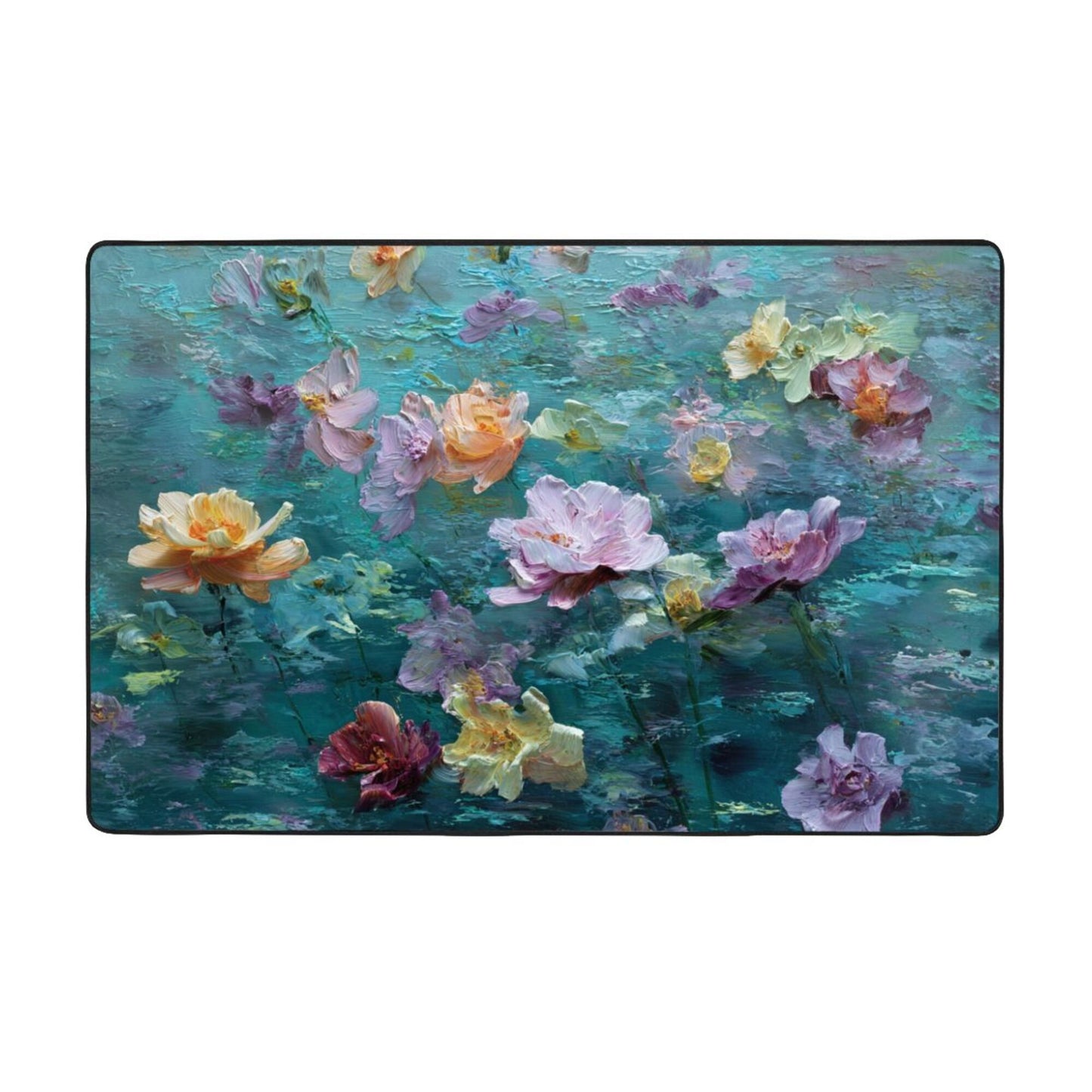 Impressionist Floral Art Rug | 59x39in Artistic Water Bloom Design Flannel Mat with Anti-Slip Backing