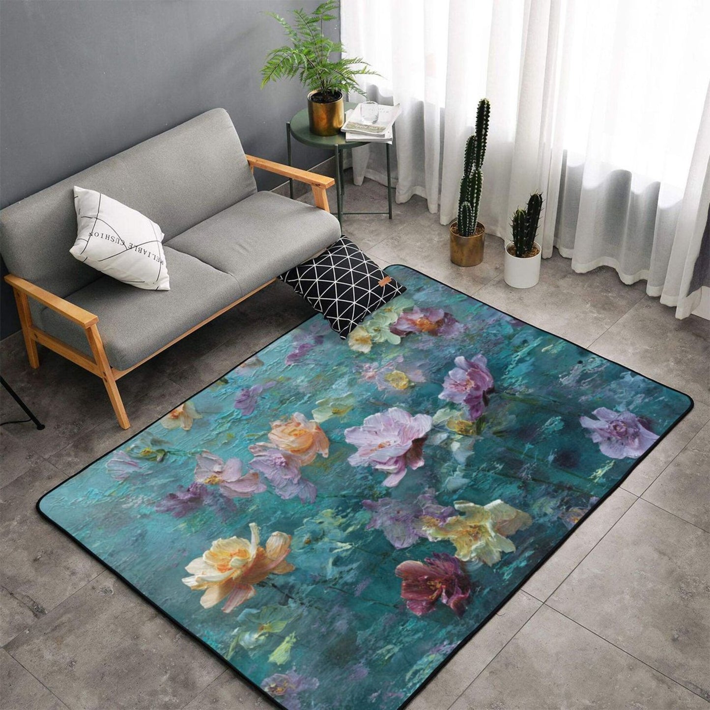 Impressionist Floral Art Rug | 59x39in Artistic Water Bloom Design Flannel Mat with Anti-Slip Backing
