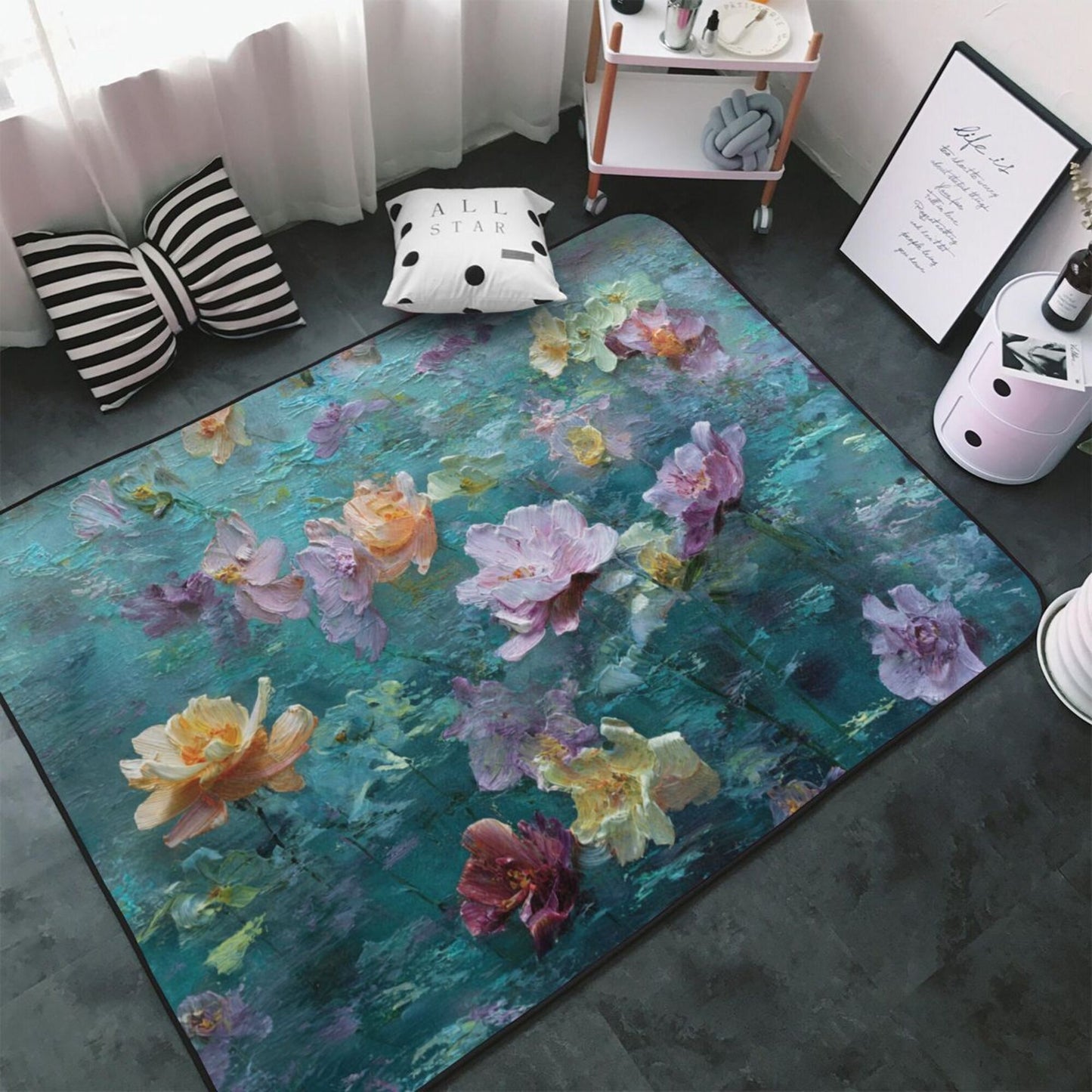 Impressionist Floral Art Rug | 59x39in Artistic Water Bloom Design Flannel Mat with Anti-Slip Backing