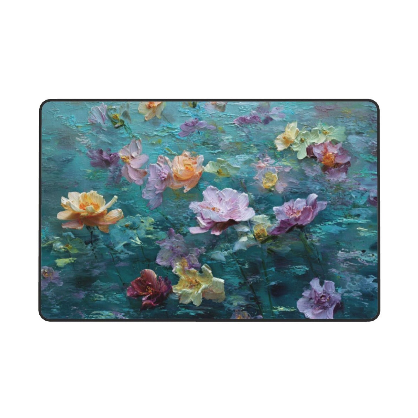 Impressionist Floral Art Rug | 59x39in Artistic Water Bloom Design Flannel Mat with Anti-Slip Backing