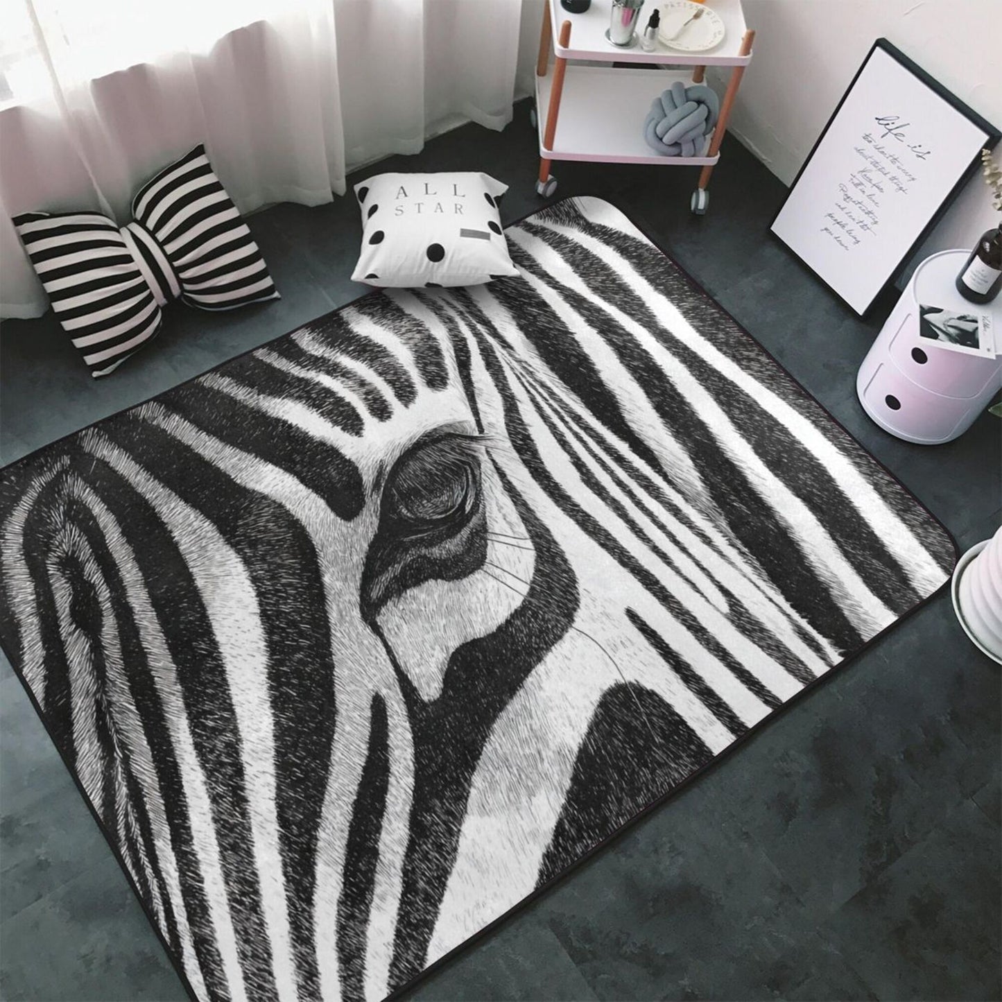 Zebra Print Flannel Anti-Slip Area Rug | 59x39in Large Carpet for Living Room, Bedroom, Entryway