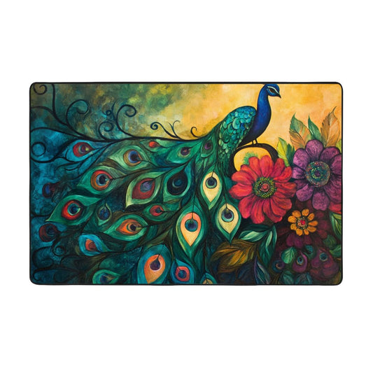Artistic Peacock & Floral Pattern Flannel Rug | 59x39in Non-Slip Decorative Carpet for Home Decor