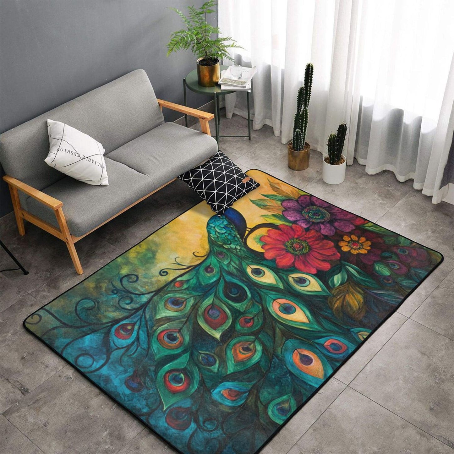 Artistic Peacock & Floral Pattern Flannel Rug | 59x39in Non-Slip Decorative Carpet for Home Decor