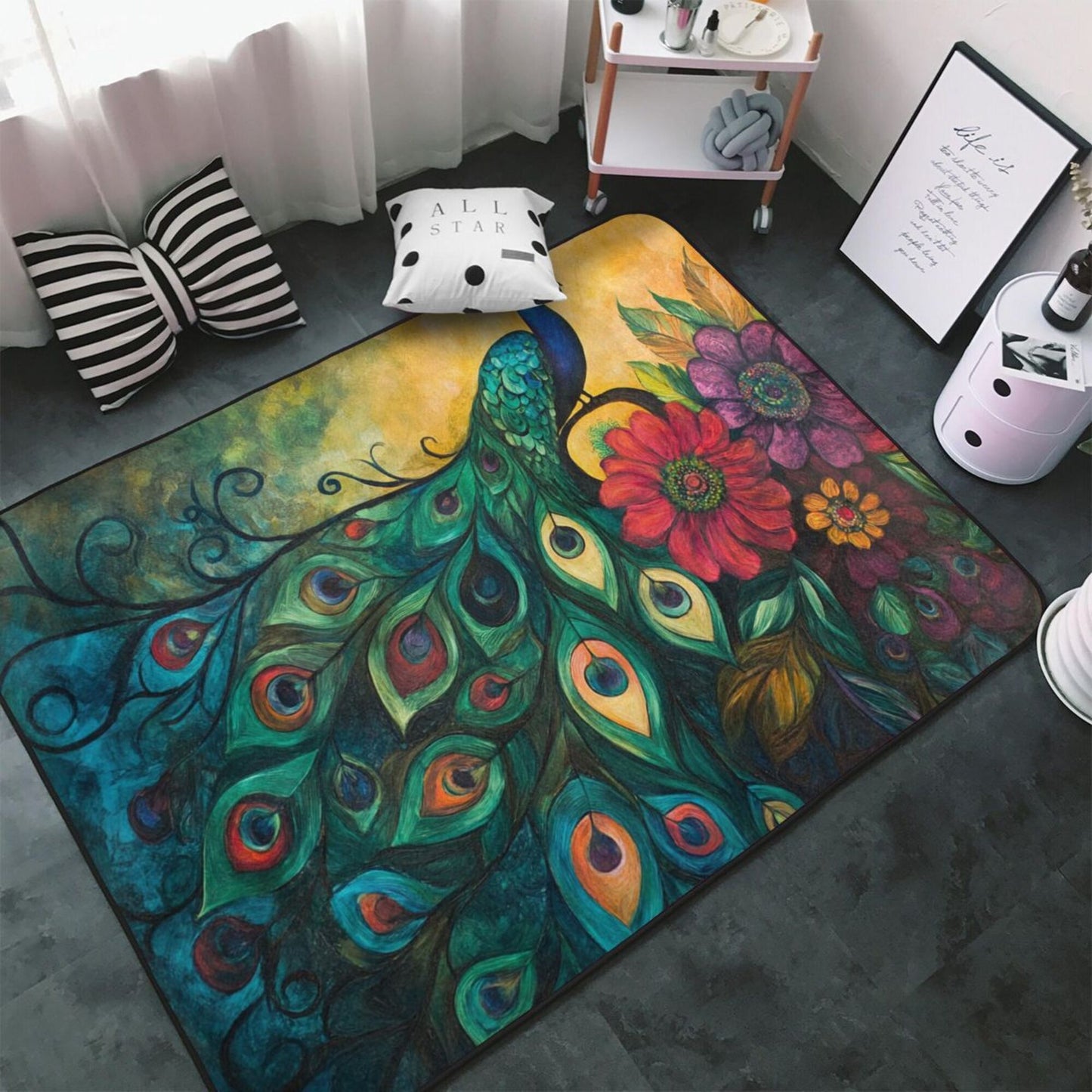 Artistic Peacock & Floral Pattern Flannel Rug | 59x39in Non-Slip Decorative Carpet for Home Decor