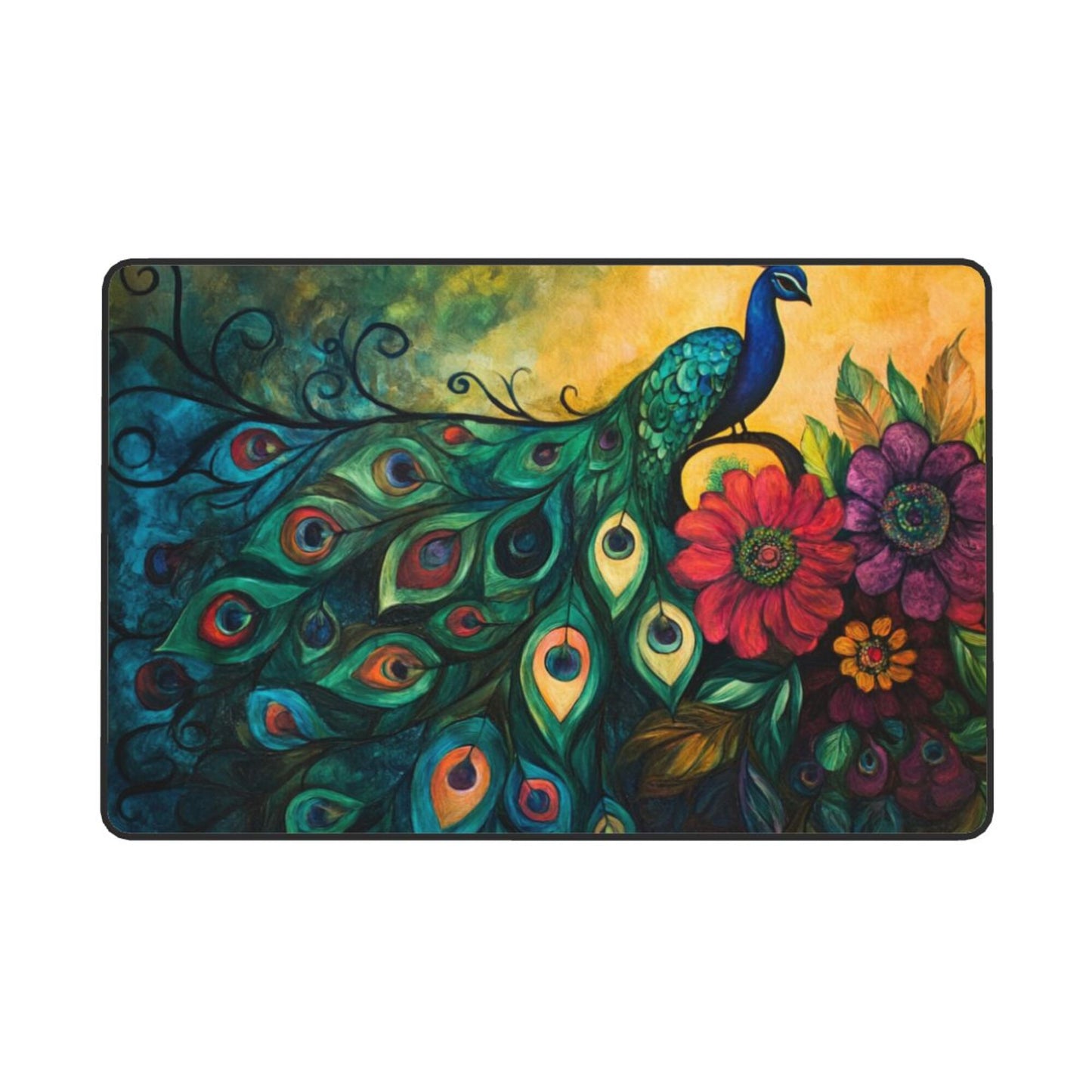 Artistic Peacock & Floral Pattern Flannel Rug | 59x39in Non-Slip Decorative Carpet for Home Decor