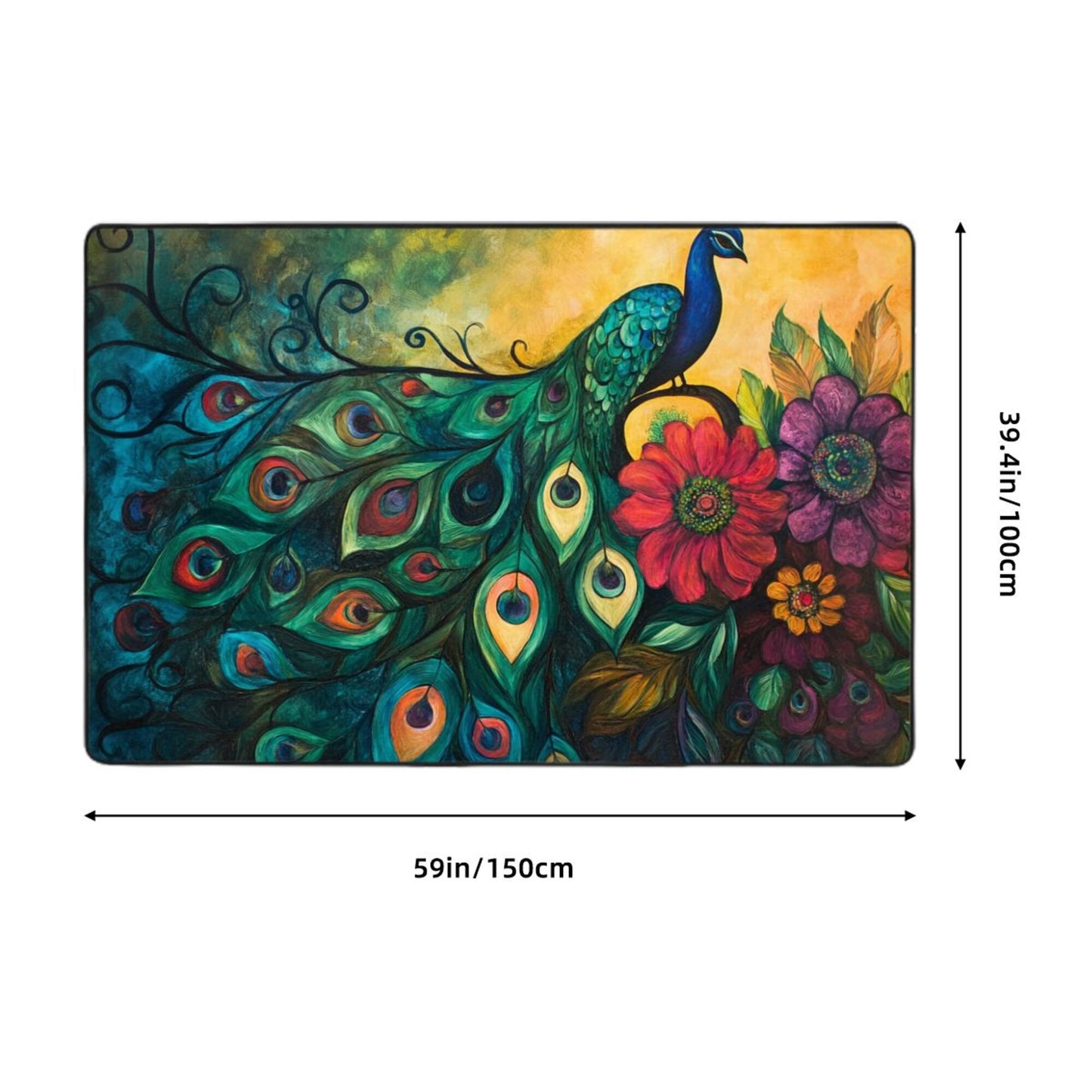 Artistic Peacock & Floral Pattern Flannel Rug | 59x39in Non-Slip Decorative Carpet for Home Decor