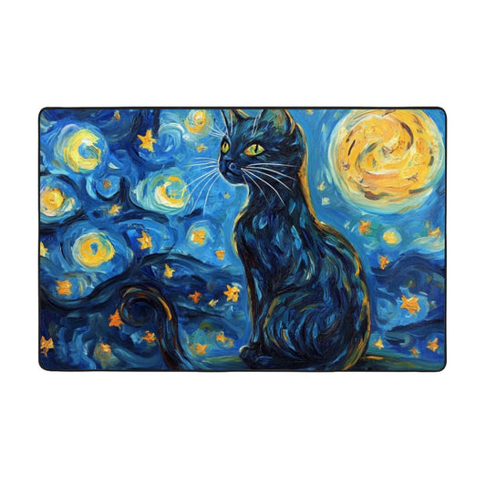 Starry Night Black Cat Flannel Rug | 59x39in Soft Non-Slip Decorative Carpet for Home
