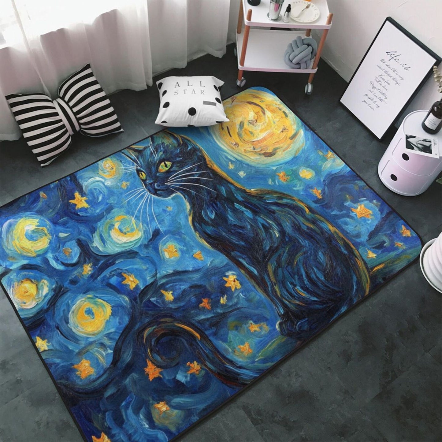 Starry Night Black Cat Flannel Rug | 59x39in Soft Non-Slip Decorative Carpet for Home