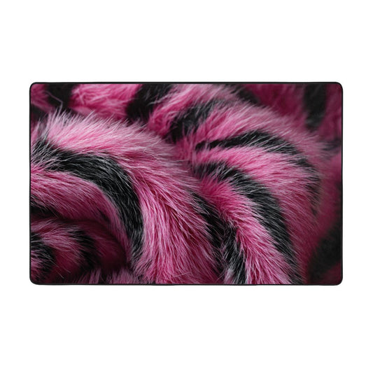 Trendy Tiger Stripes Flannel Rug | 59x39in Pink & Black Non-Slip Soft Floor Mat for Home Decor