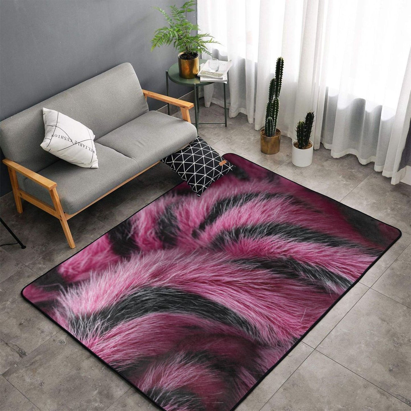 Trendy Tiger Stripes Flannel Rug | 59x39in Pink & Black Non-Slip Soft Floor Mat for Home Decor