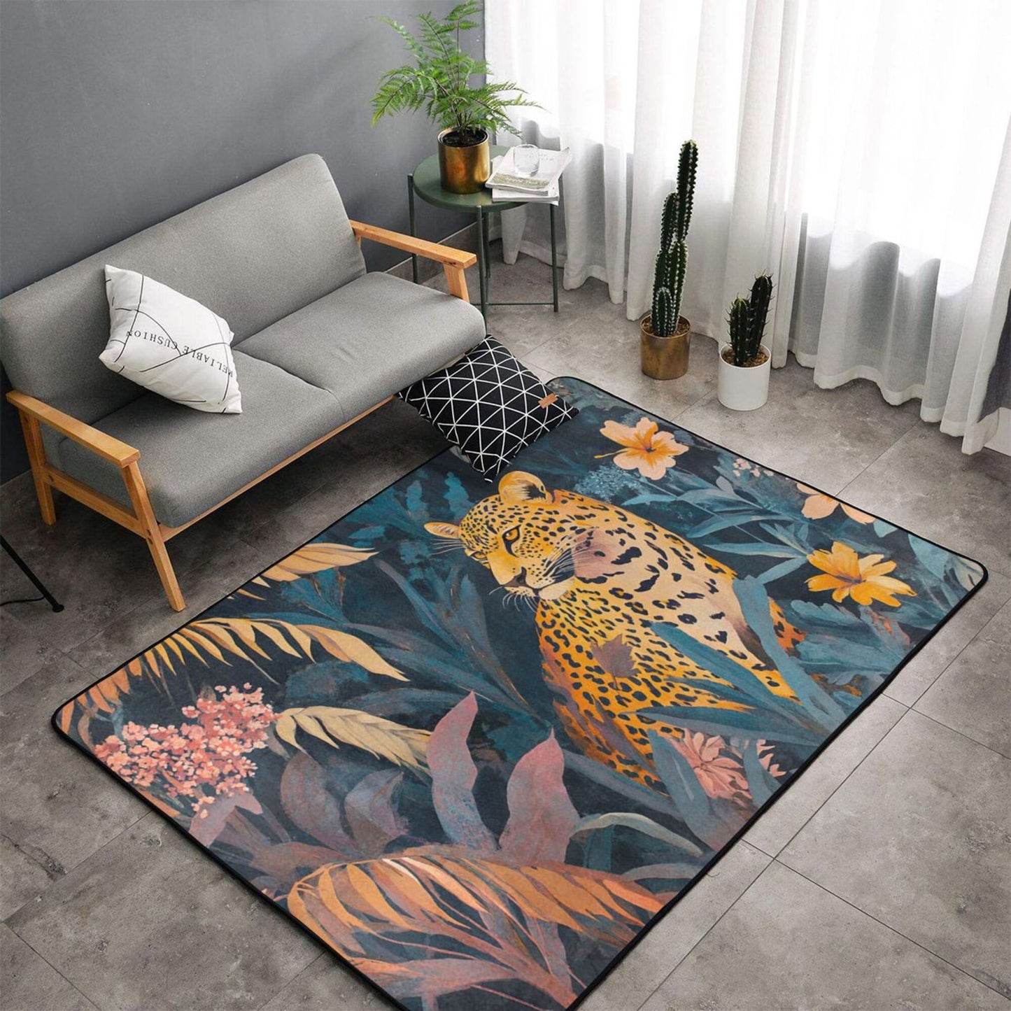 Tropical Leopard Flannel Rug | 59x39in Animal Jungle Non-Slip Mat for Living Room, Bedroom & Hallway