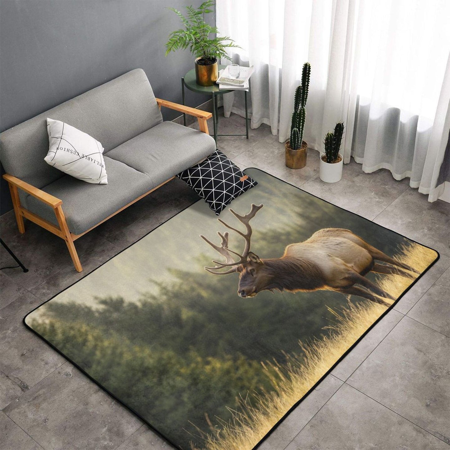 Elk in the Forest Rug | 59x39in Non-Slip Flannel Carpet for Bedroom, Living Room & Nature Decor