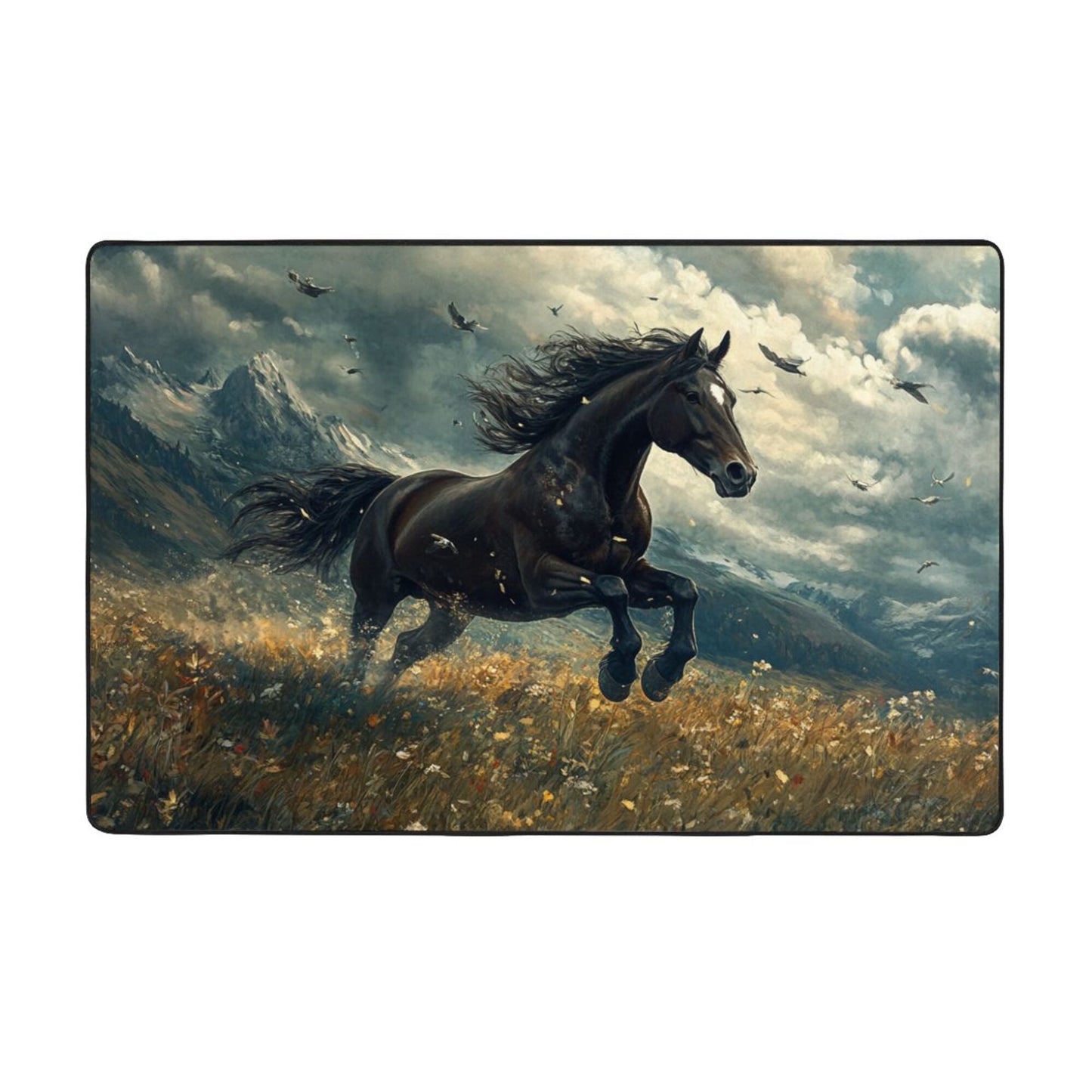 Galloping Black Horse Rug | 59x39in Artistic Flannel Non-Slip Carpet for Living Room, Office, Boys’ Room Decor