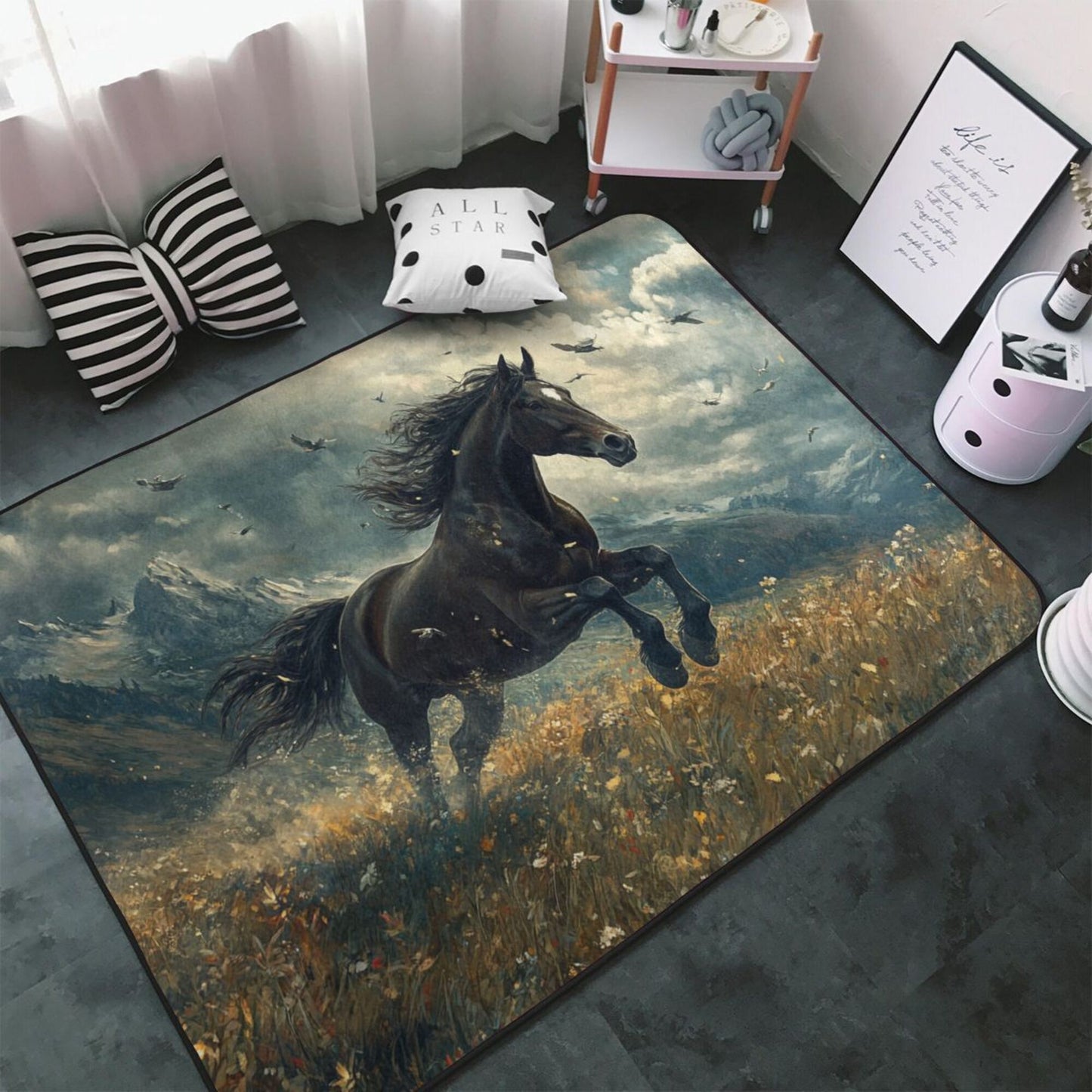 Galloping Black Horse Rug | 59x39in Artistic Flannel Non-Slip Carpet for Living Room, Office, Boys’ Room Decor