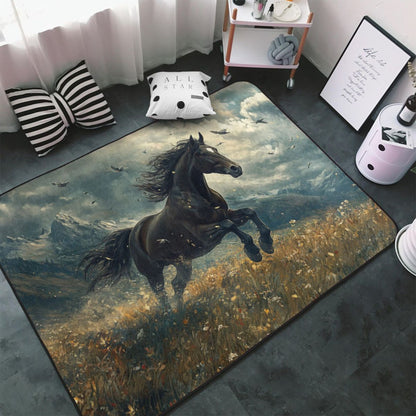 Galloping Black Horse Rug | 59x39in Artistic Flannel Non-Slip Carpet for Living Room, Office, Boys’ Room Decor