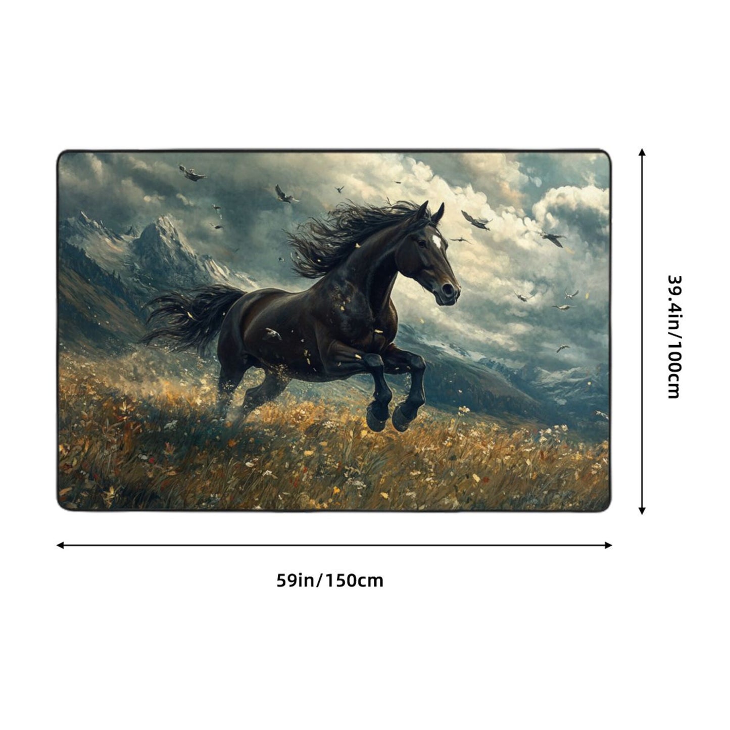 Galloping Black Horse Rug | 59x39in Artistic Flannel Non-Slip Carpet for Living Room, Office, Boys’ Room Decor