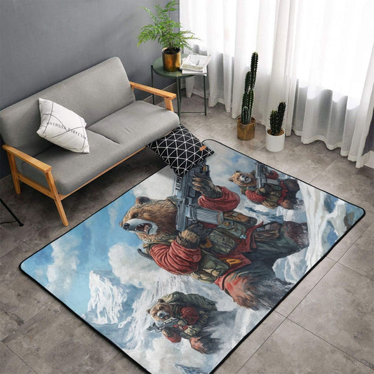 Battle Bear Troop Rug | 59x39in Flannel Non-Slip Carpet with Tactical Polar Bear Design for Gaming Rooms & Themed Decor