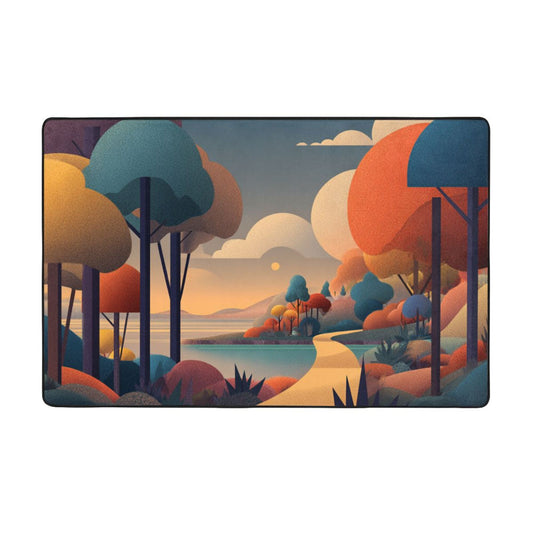 Abstract Forest Illustration Rug | 59x39in Flannel Floor Mat with Sunset Path Design & Non-Slip Back