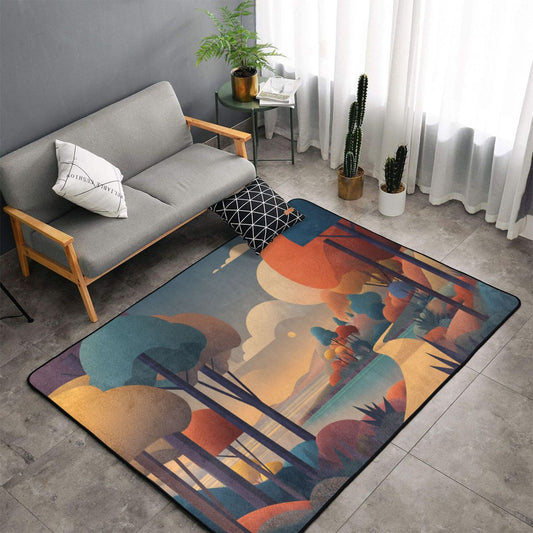 Abstract Forest Illustration Rug | 59x39in Flannel Floor Mat with Sunset Path Design & Non-Slip Back