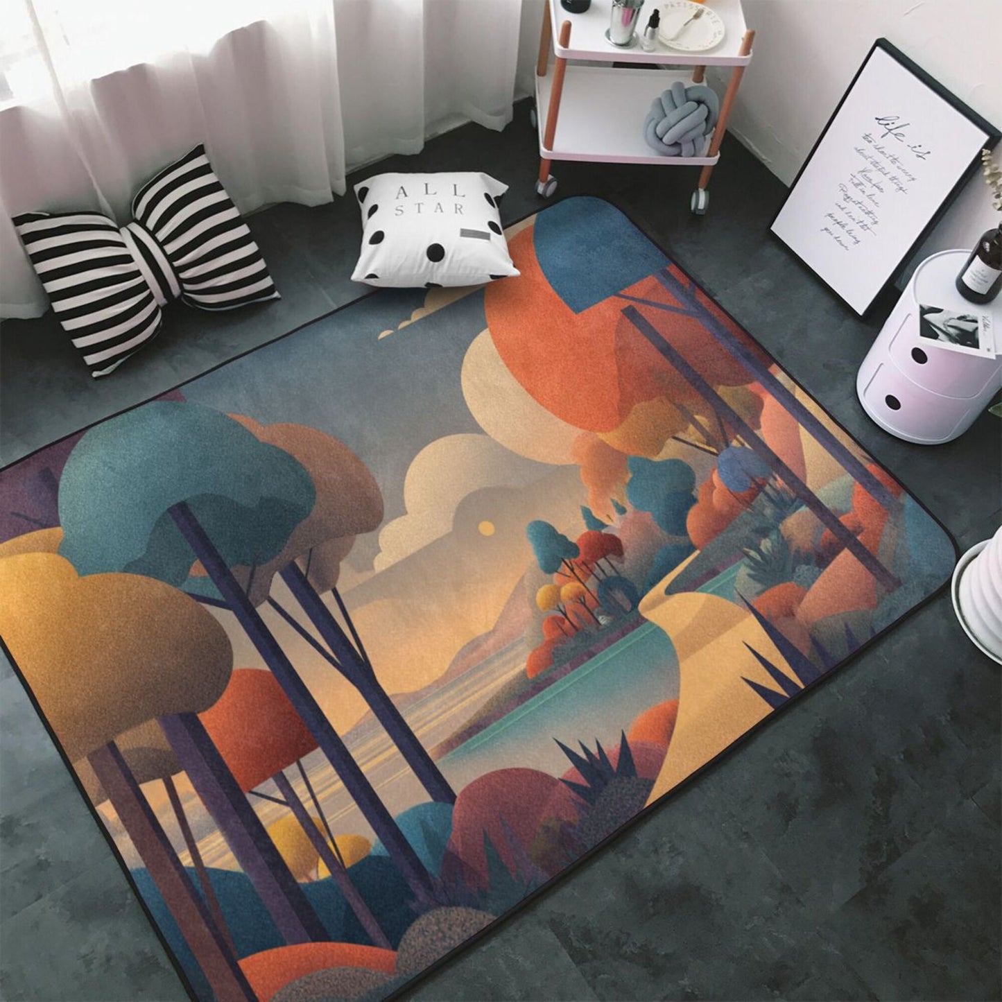 Abstract Forest Illustration Rug | 59x39in Flannel Floor Mat with Sunset Path Design & Non-Slip Back
