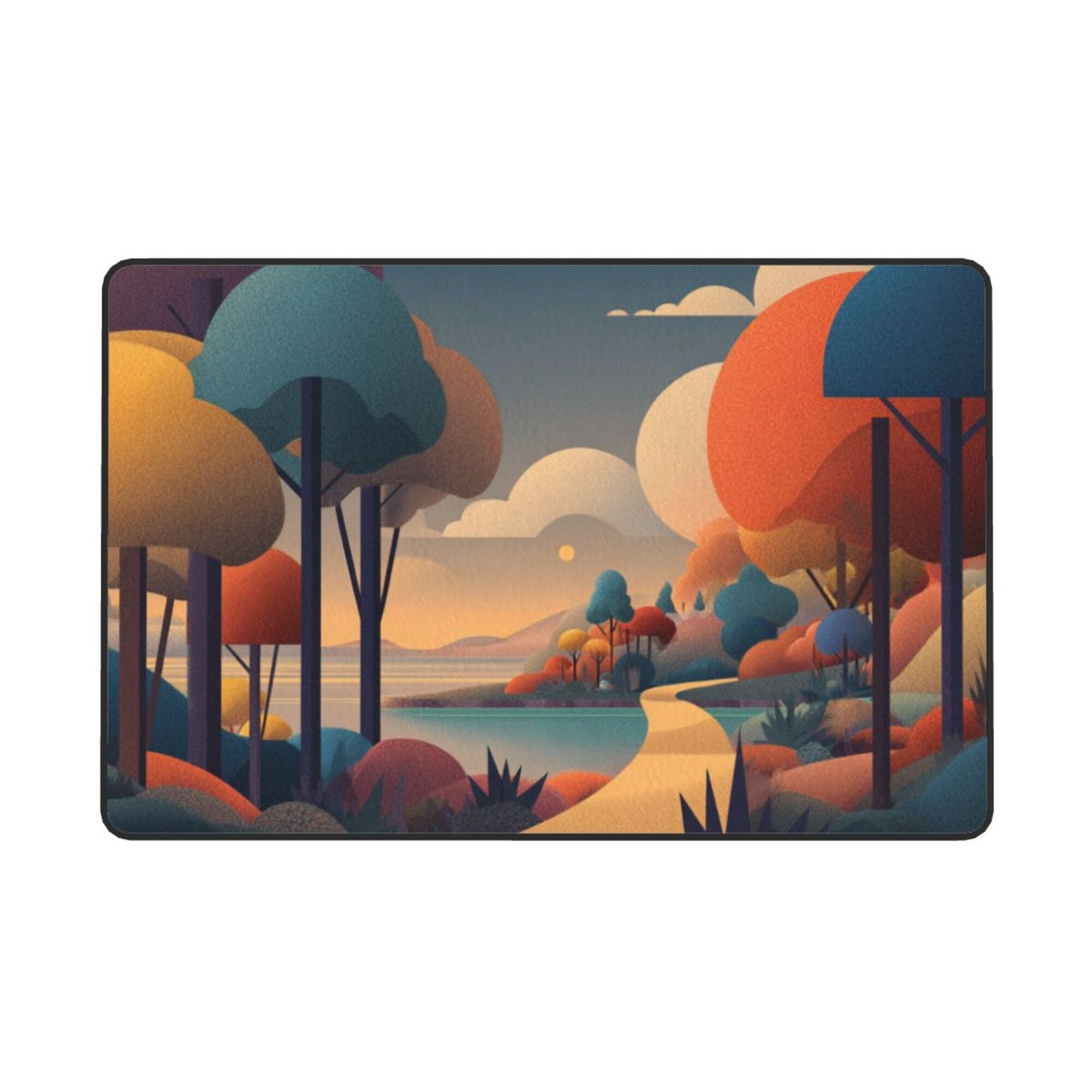Abstract Forest Illustration Rug | 59x39in Flannel Floor Mat with Sunset Path Design & Non-Slip Back