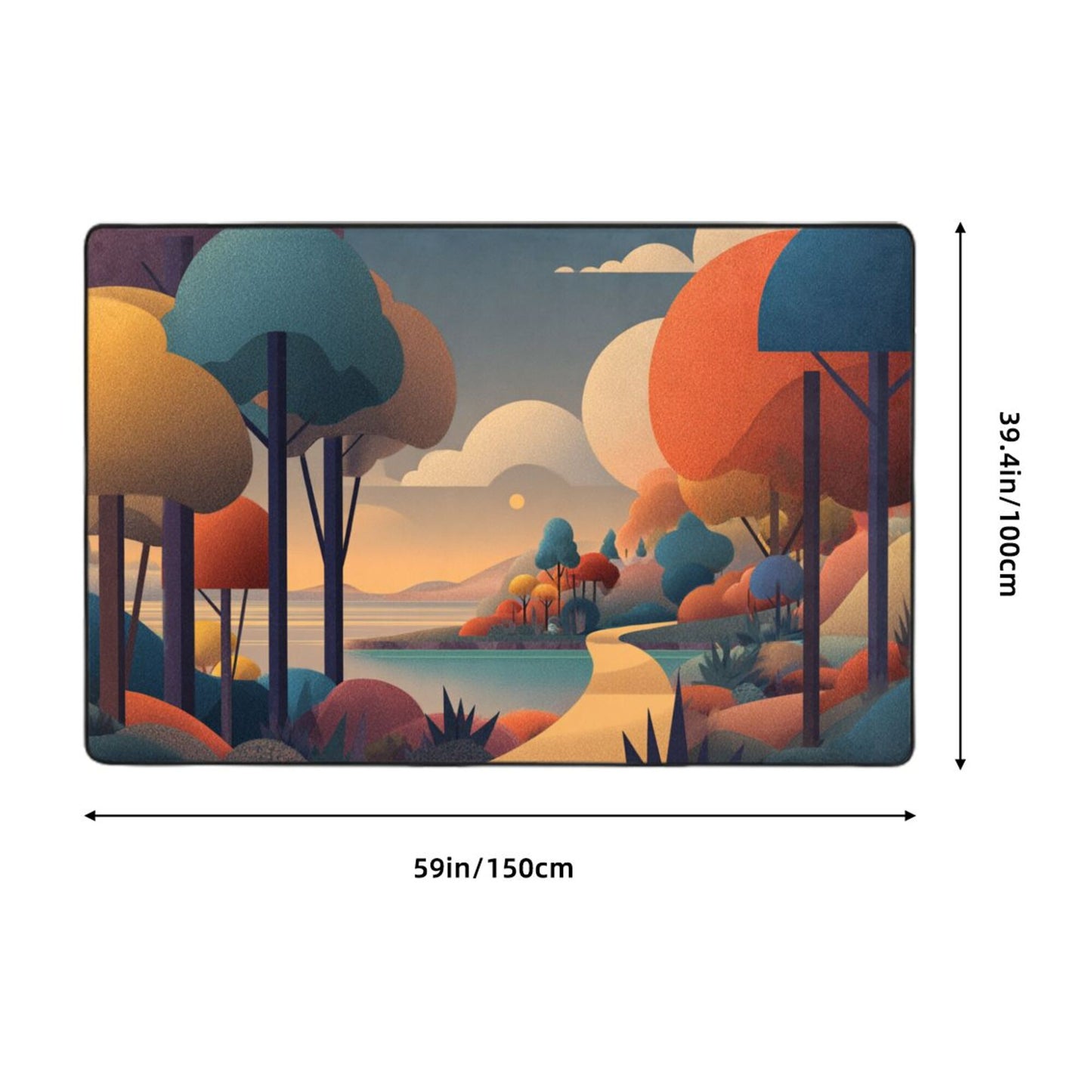 Abstract Forest Illustration Rug | 59x39in Flannel Floor Mat with Sunset Path Design & Non-Slip Back